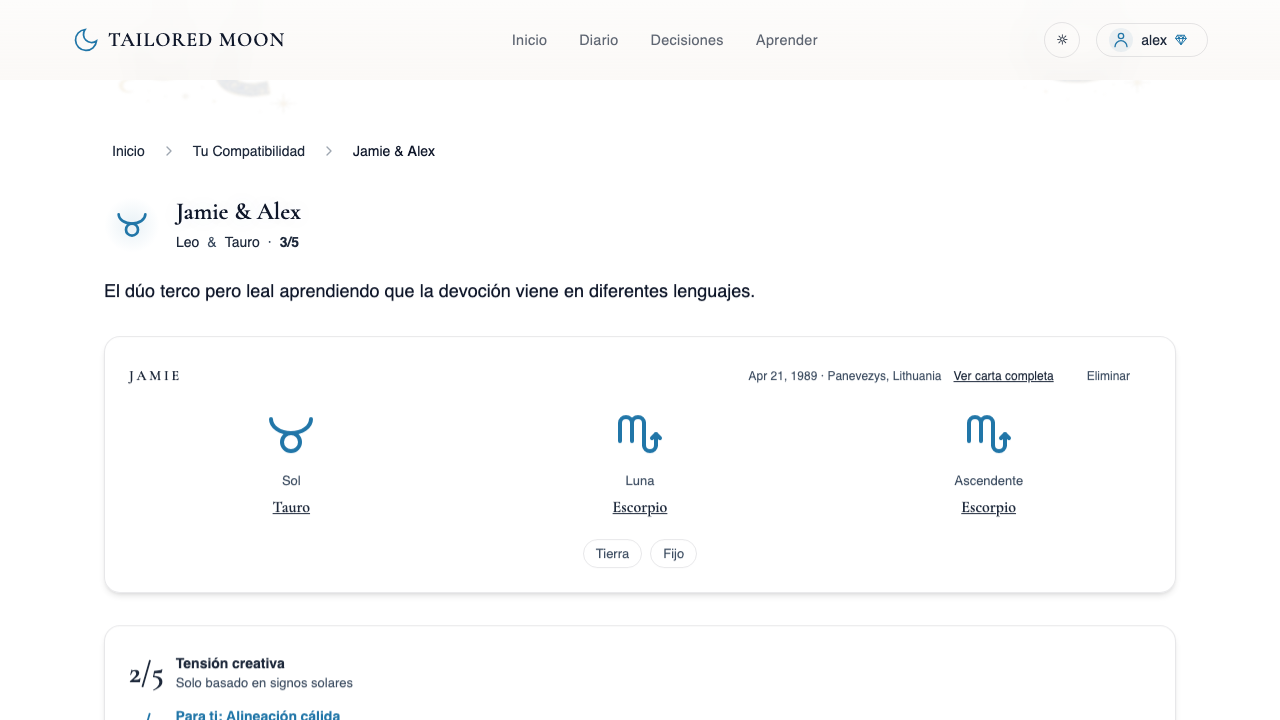 La pagina de compatibilidad: cinco dimensiones, dos cartas en una sola rueda